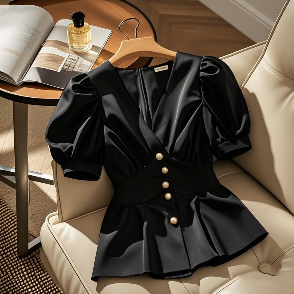 2025年夏季新款收腰显瘦黑色衬衫v领高级感时尚百搭泡泡袖上衣女
