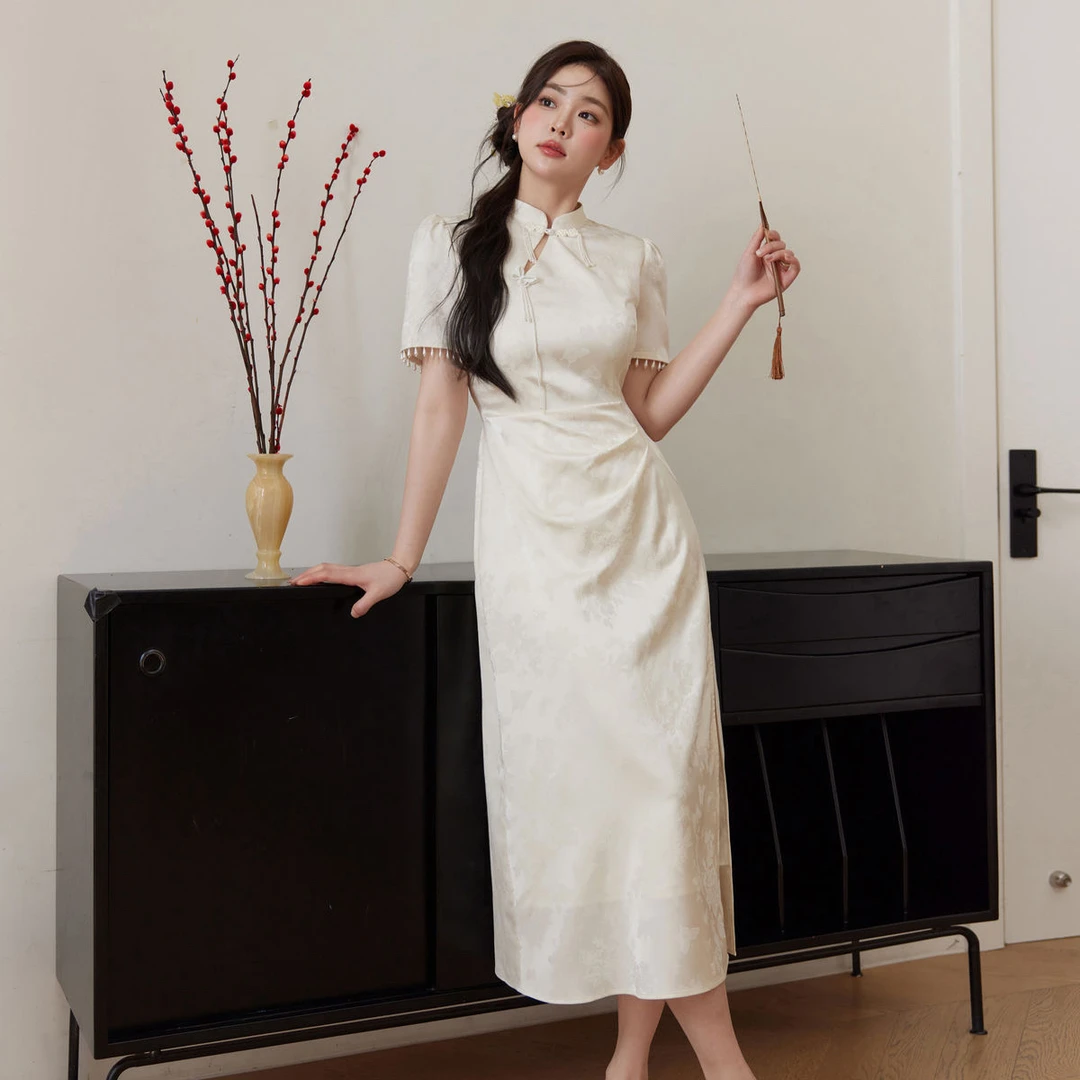 绝美高级设计感气质显瘦连衣裙女装2025新中式国风提花立领长裙子