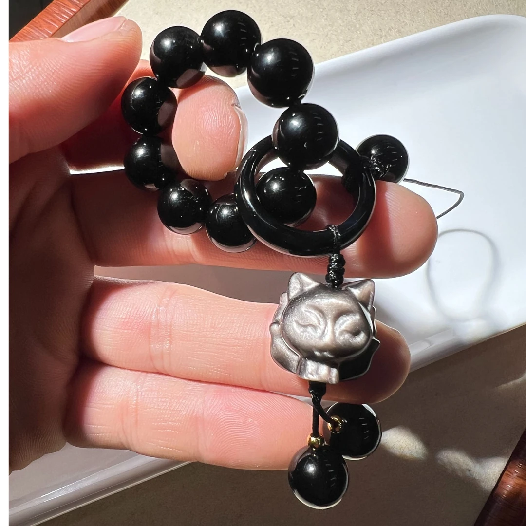 天然黑曜石手机链手捻串指环扣包挂凤九Y01-多样性发其一