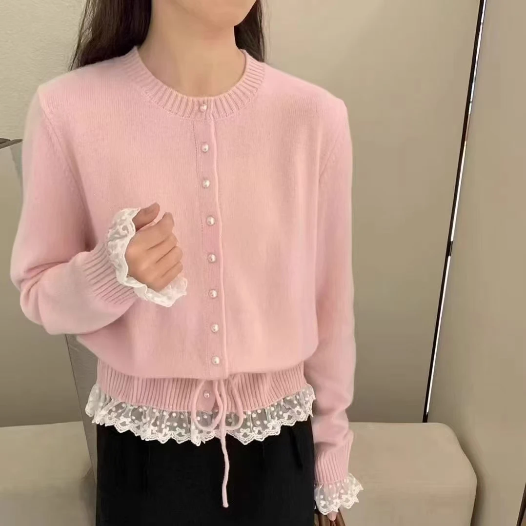 韩系穿搭蕾丝花边系带收腰毛衣女大码胖mm秋冬时尚减龄遮肚针织衫