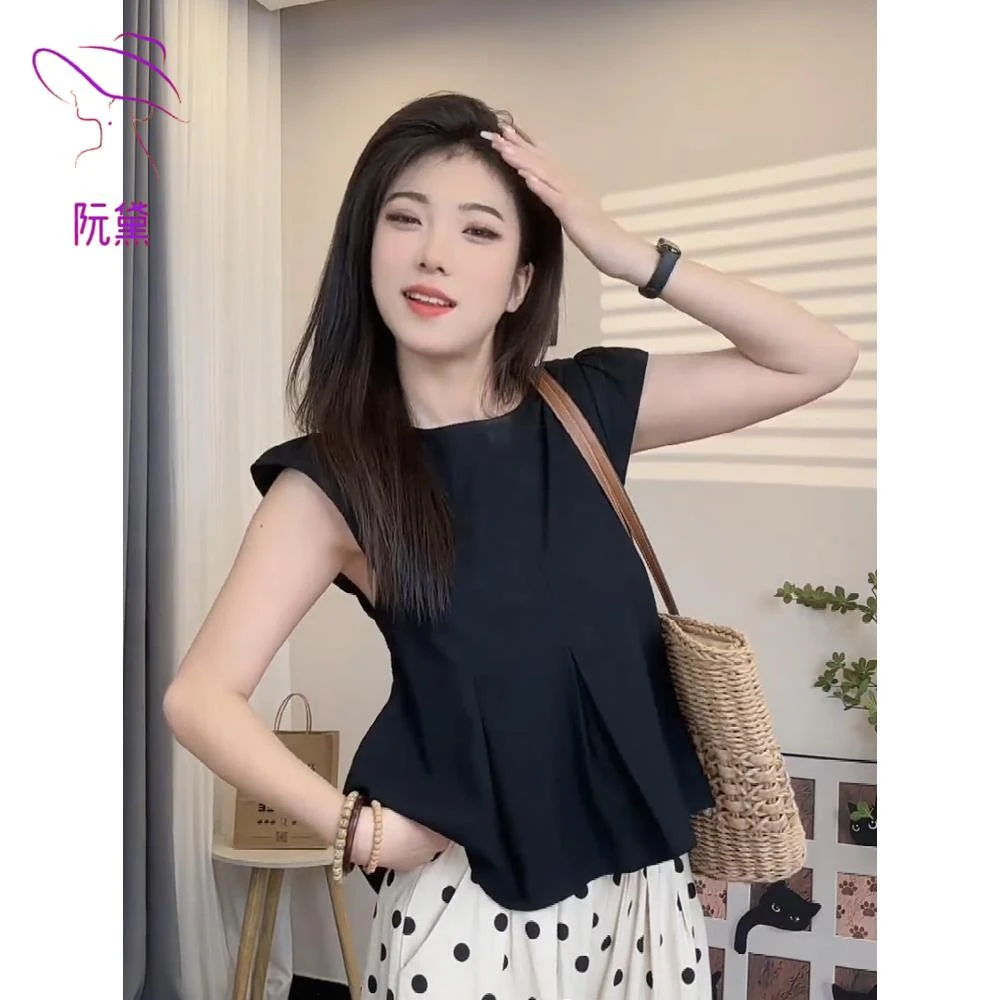 阮黛法式赫本风短袖衬衫女夏款衬衣2025年高级感压褶飞飞袖小上衣