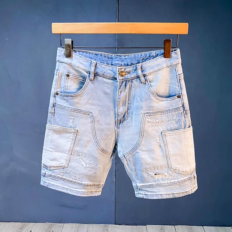 爆款男士夏季牛仔短裤薄款裤子休闲裤百搭破洞五分裤直筒工装裤