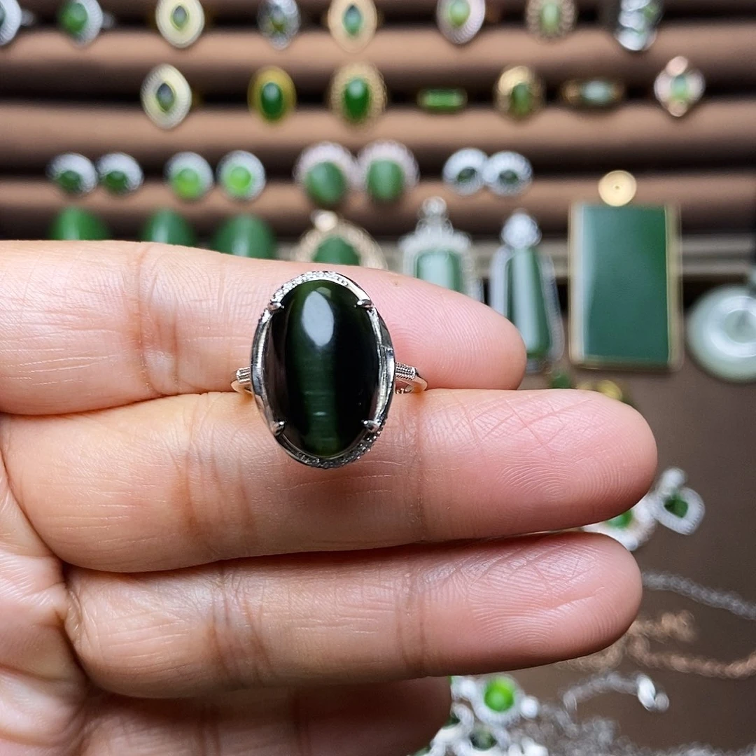 吊坠(不含链)银S925镶嵌和田玉（碧玉）戒指