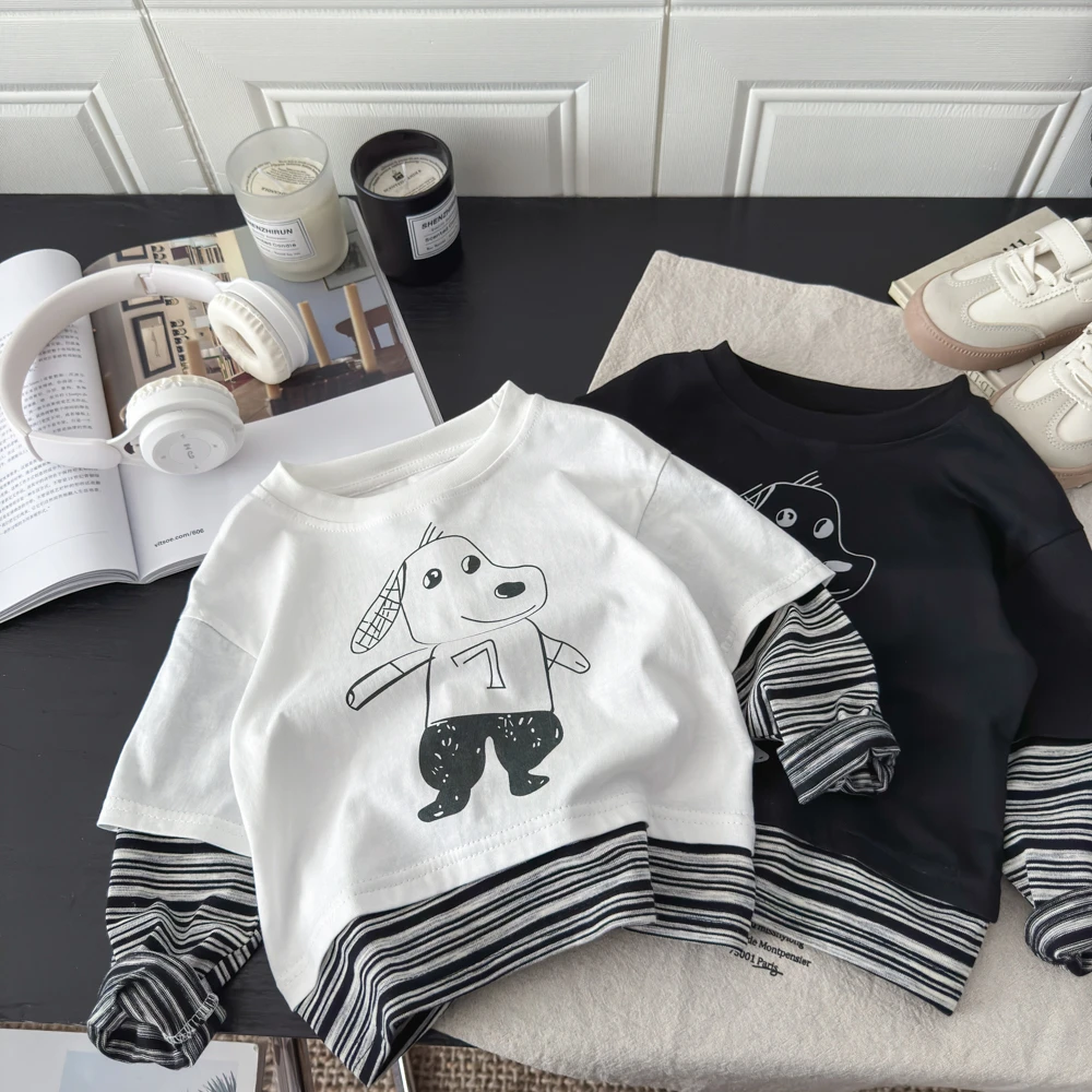 秋季男女儿童休闲百搭卡通长袖t恤打底衫男童宽松圆领韩版