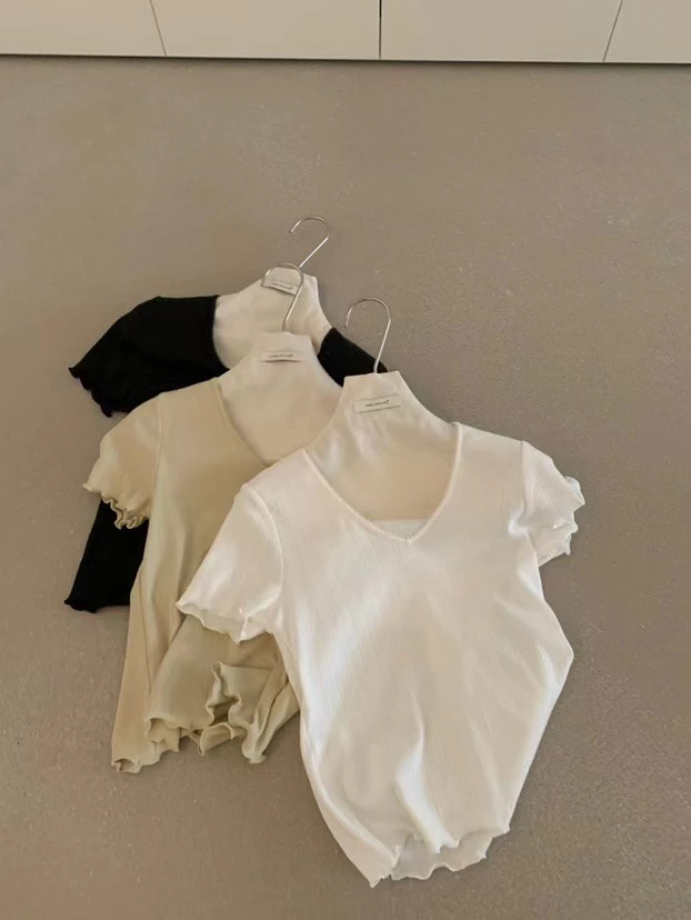 imiss@2103 韩系简约百搭木耳边V领短袖T恤 6-26