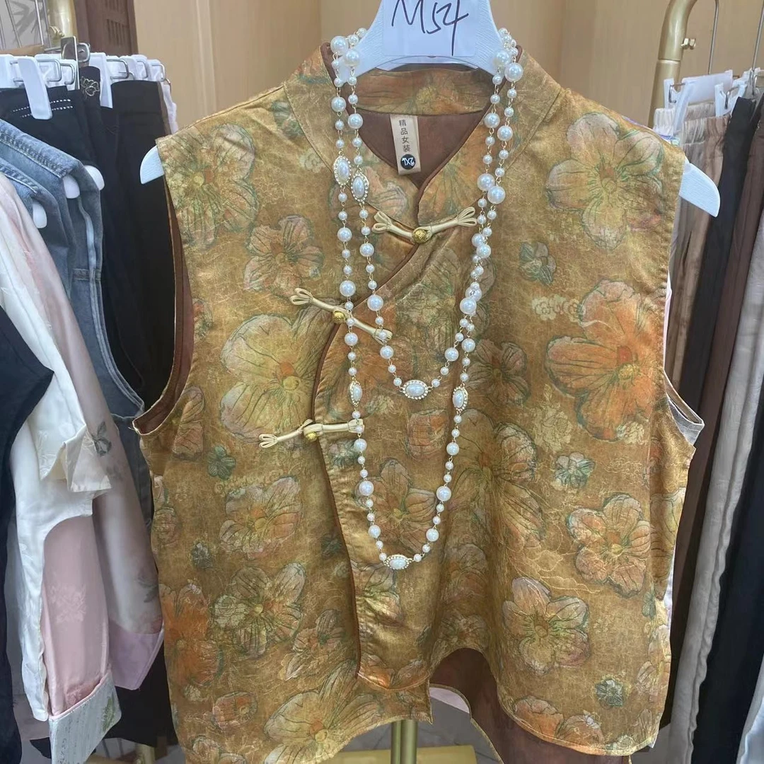 M54大花印花复古新中式无袖衬衫薄款上衣