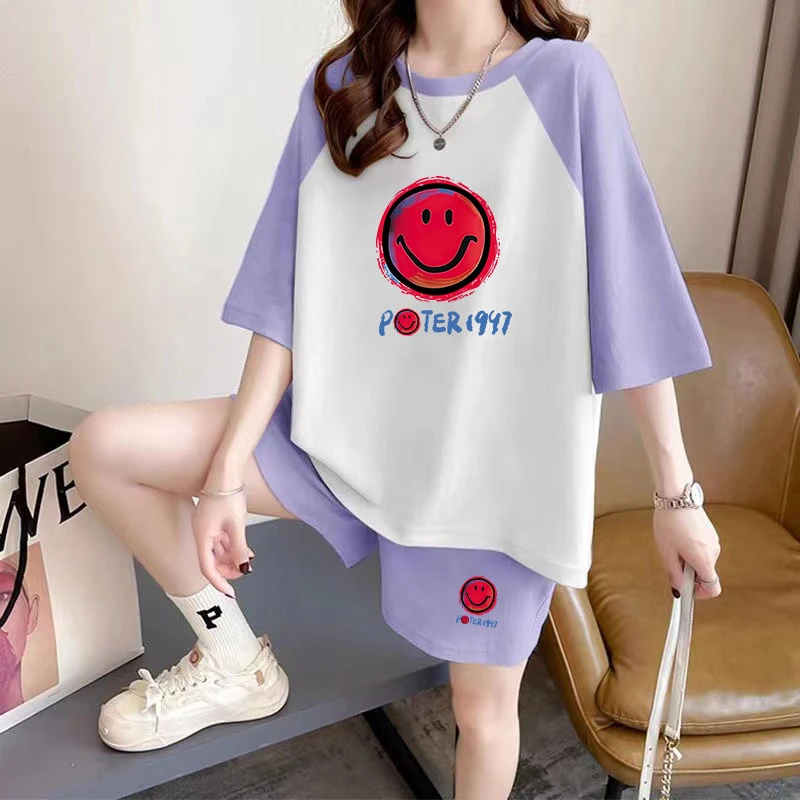 多巴胺穿搭休闲运动服套装女夏日2025新款紫色宽松短袖短裤两件套