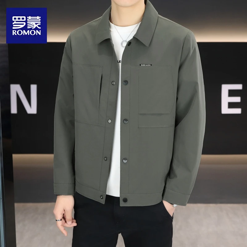 罗蒙纯色美式休闲百搭青年潮流外套男秋季修身翻领新款高品质夹克
