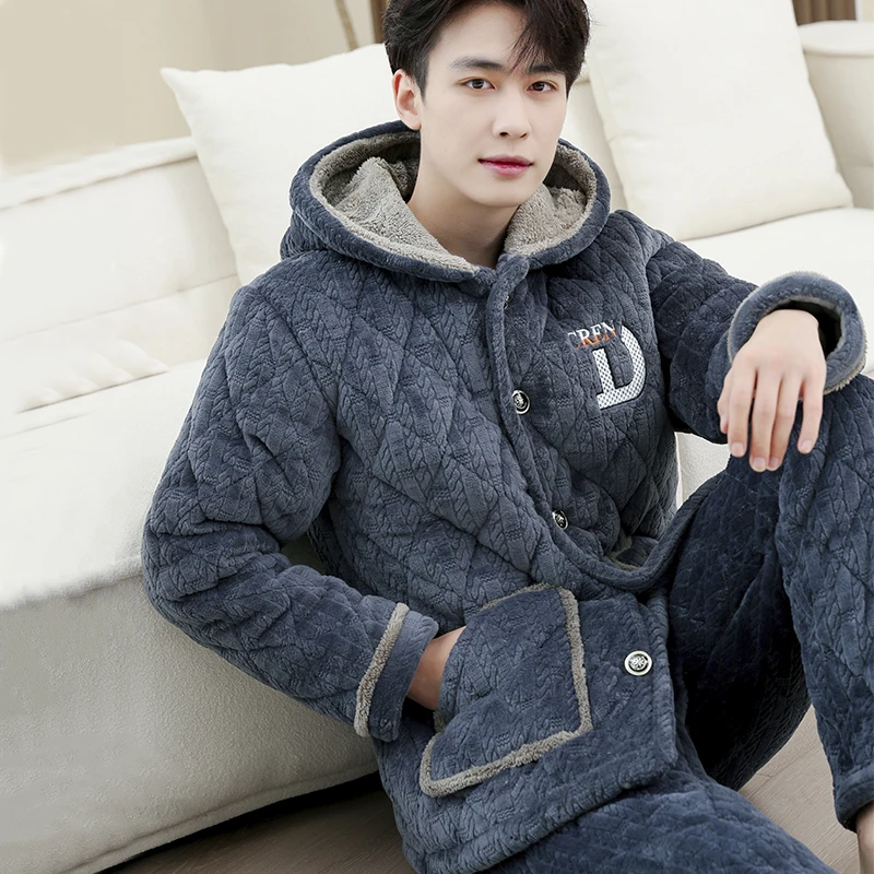 三层夹棉睡衣男冬季超厚加厚加绒珊瑚绒保暖时尚可外穿连帽家居服