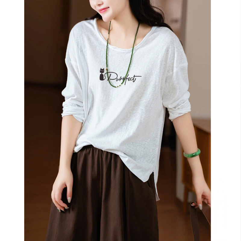 高品质白色卷边棉麻t恤女春秋冬长袖新款慵懒内搭上衣雪花棉打底