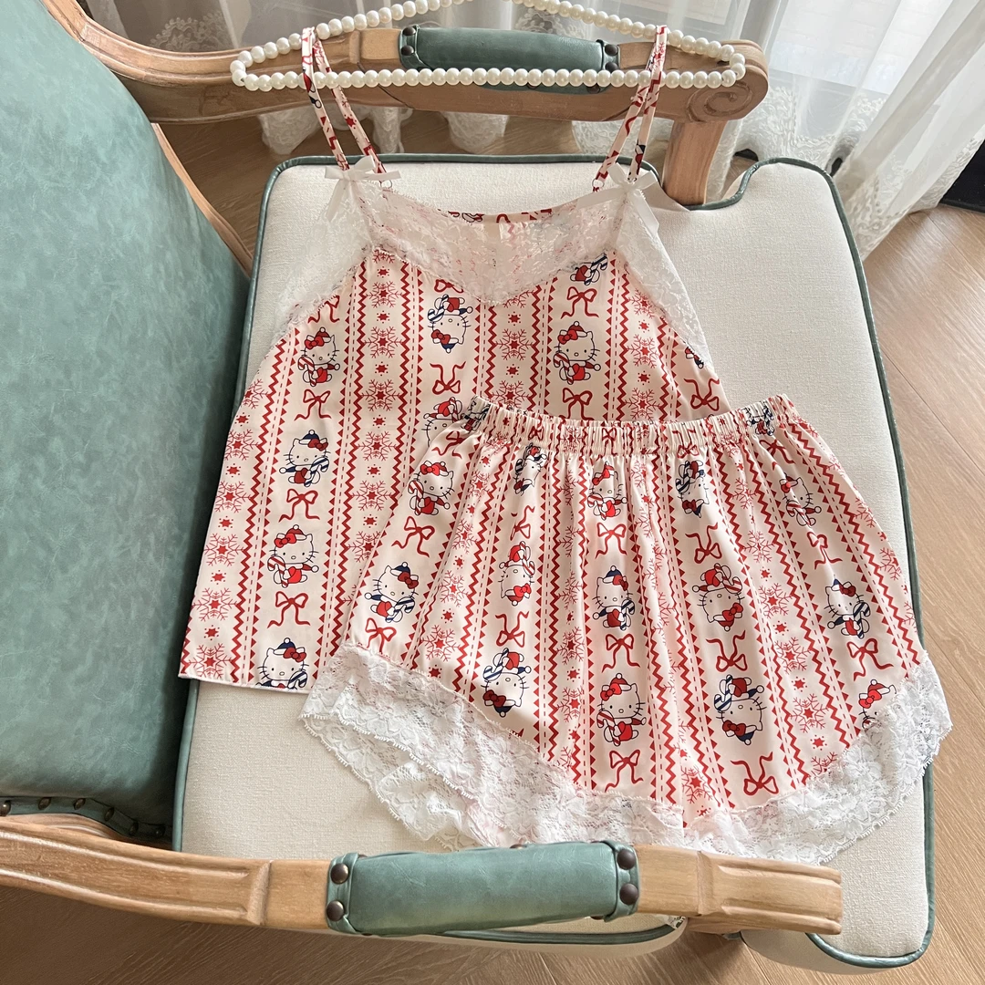 卡通纯欲性感蕾丝吊带冰丝睡衣女新款带胸垫套装夏天可外穿家居服