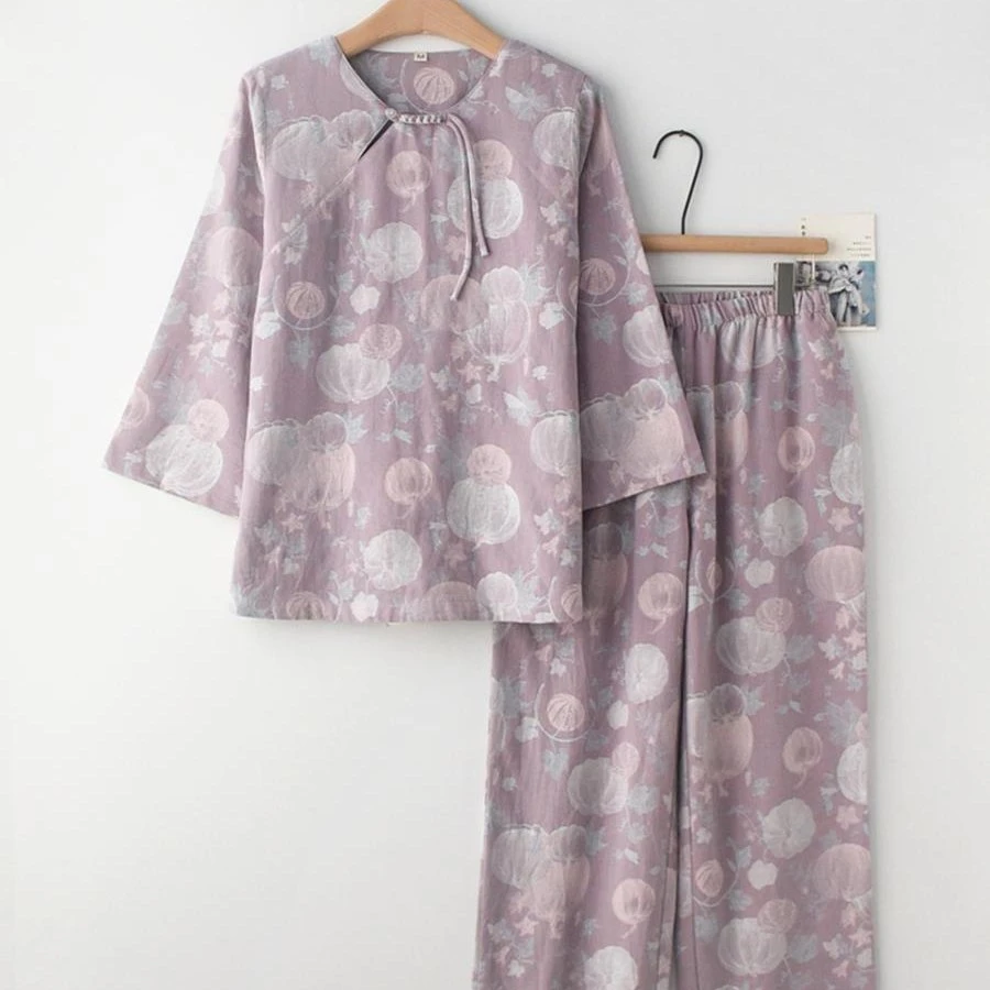 国风复古盘扣睡衣女士春秋夏季纯棉纱布薄款宽松长袖家居服套装