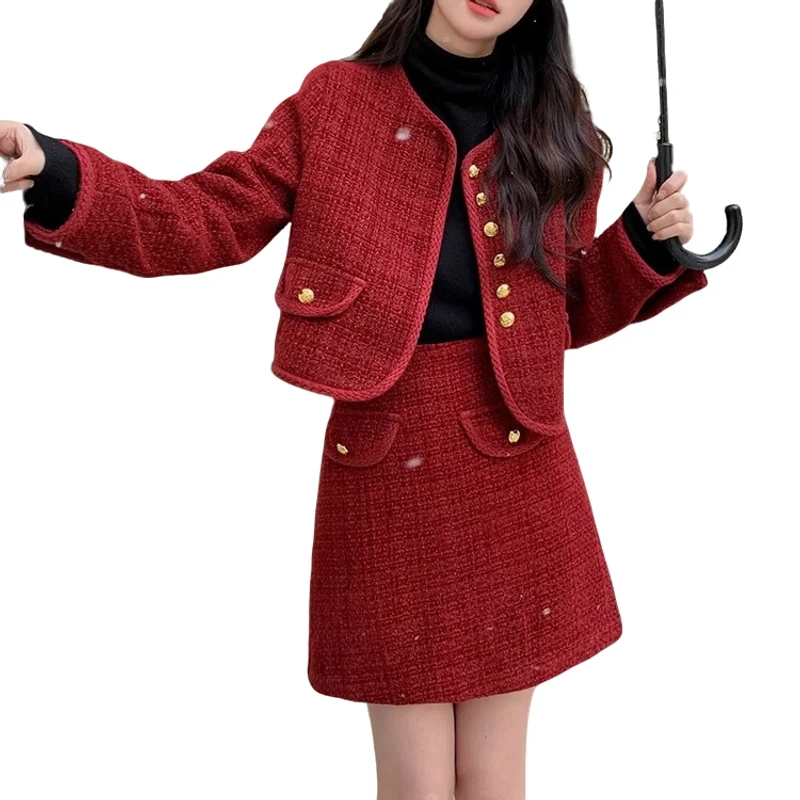 气质小香风黑色粗花呢外套套装女秋冬大码胖mm遮肉显瘦短裙两件套