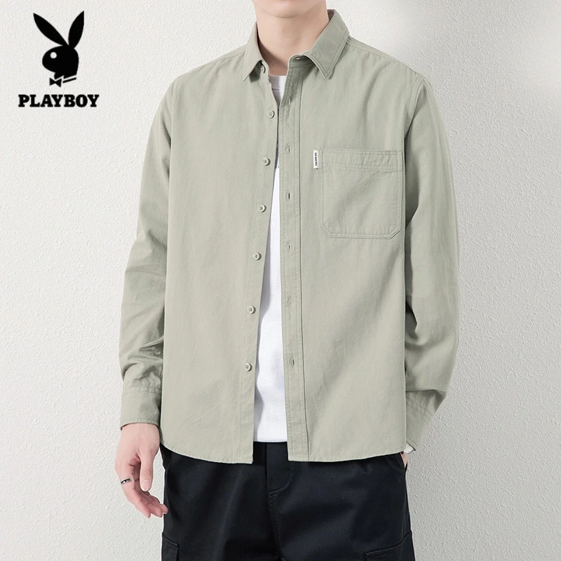花花公子休闲衬衫男长袖纯棉美式潮流纯色帅气宽松春秋款男士衬衣
