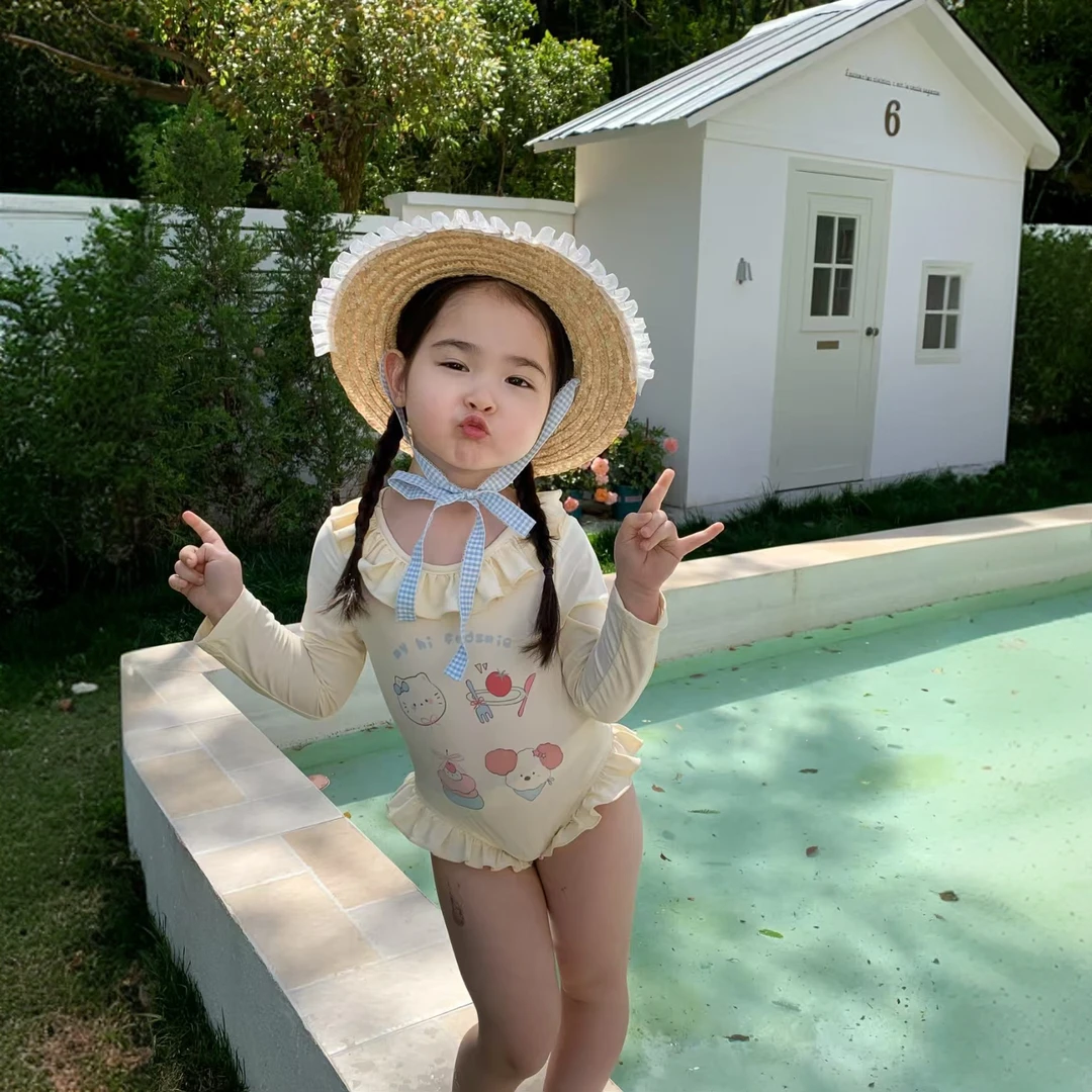 宝宝卡通印花连体泳衣公主荷叶领时髦款夏季洋气女童速干防晒泳装