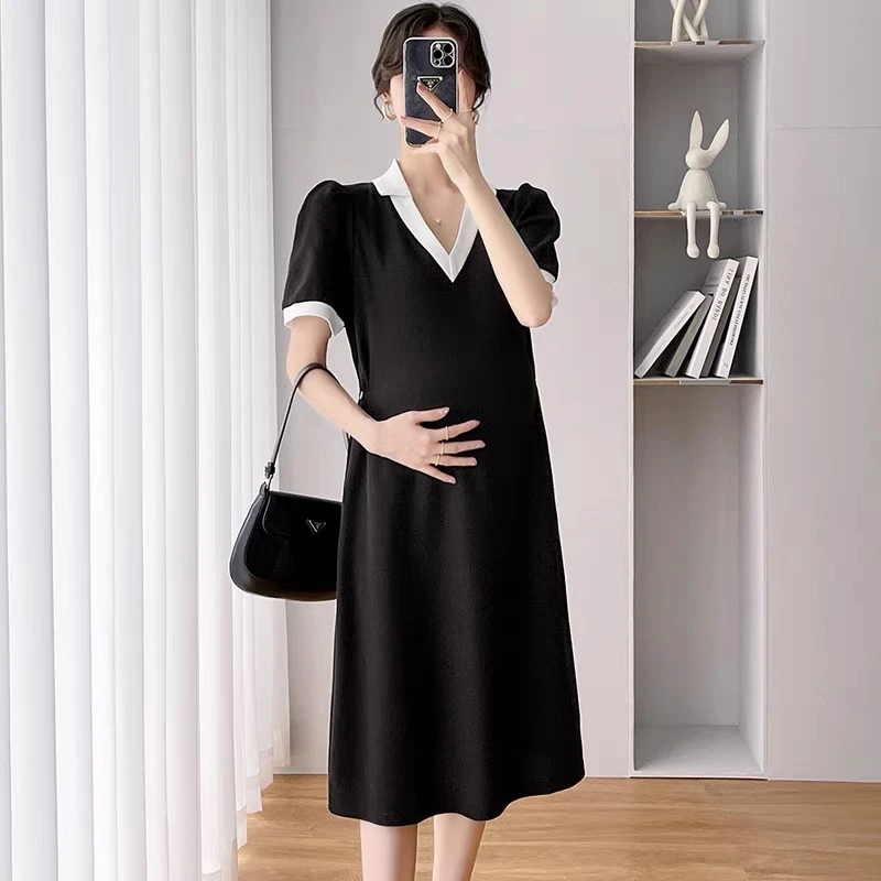 孕妇夏装连衣裙小个子时尚V领短袖中长款孕妇裙