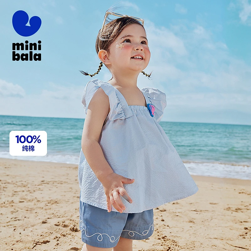 【商场同款】迷你巴拉女童短袖衬衫夏方领飞袖甜美洋气无袖上衣薄款