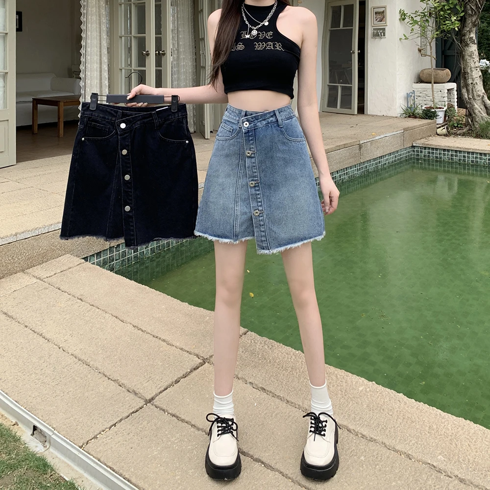 大码女装胖妹妹新款夏装牛仔休闲A字裙短裙半身裙1990