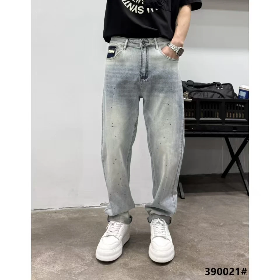 390021宽松型牛仔裤印花水洗渐变泼墨潮流复古男