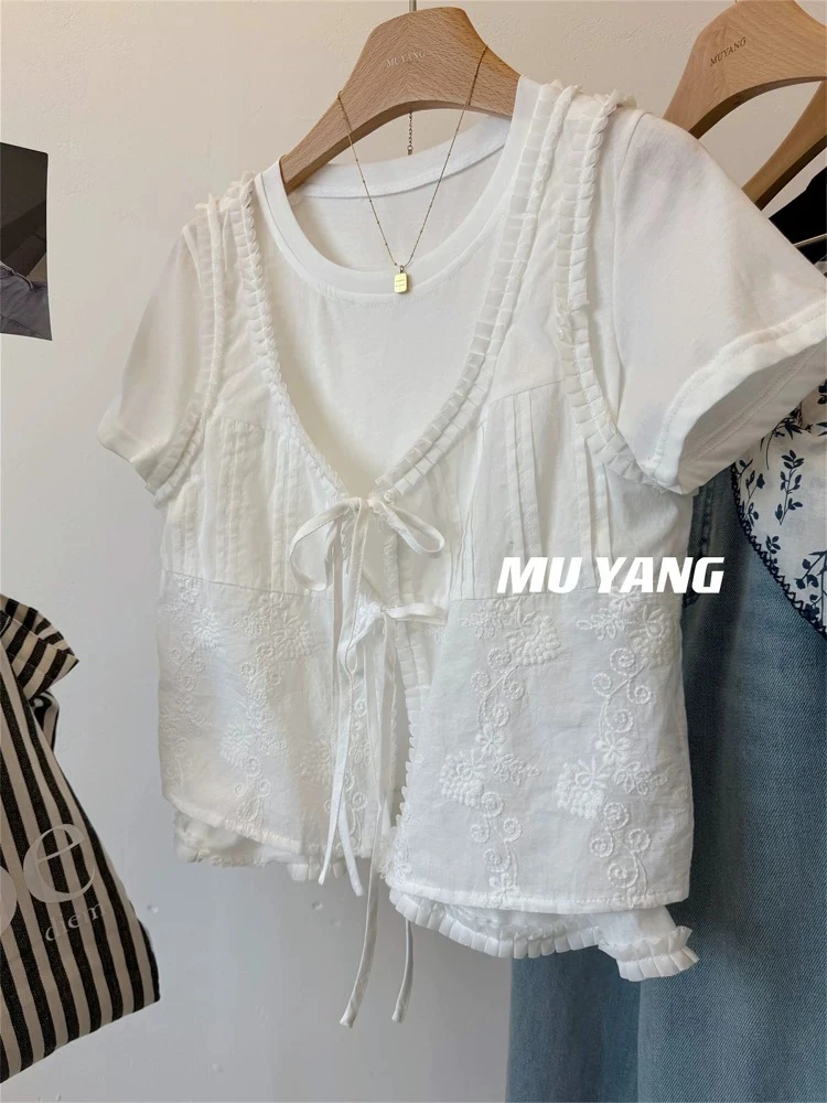 两件套白色温婉小甜心 木耳绑带衬衫式马夹套装短袖T恤