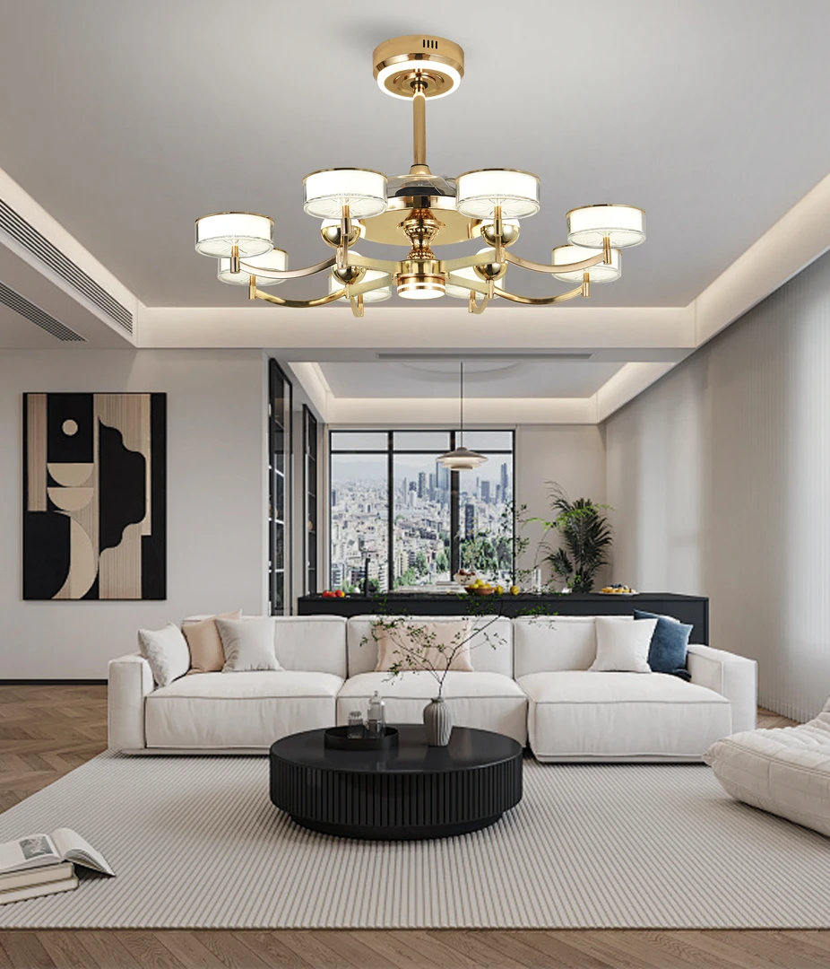 金色轻奢客厅风扇灯时尚大气智能离线语音隐形静音护眼餐厅吊扇灯