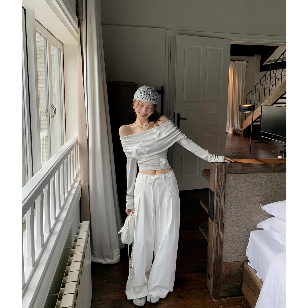 【韩女欲感】蕾丝蝴蝶结性感一字肩T恤女4397