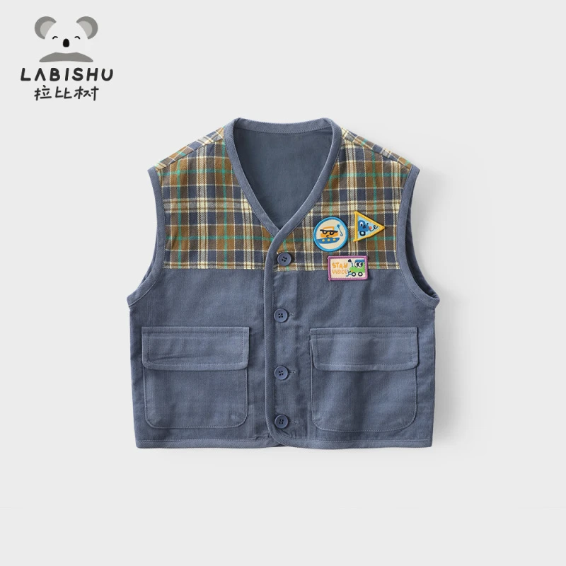 拉比树童装男童马甲2024春季新款宝宝卡通拼接无袖开衫儿童坎肩