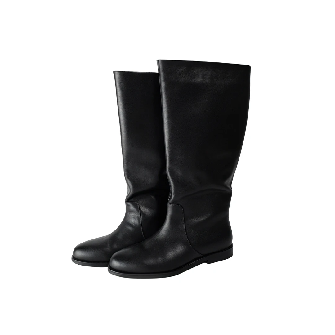 ZZ·DANGDANG【复古Vintage】牛皮宽筒皮靴黑色时尚百搭长筒23824098