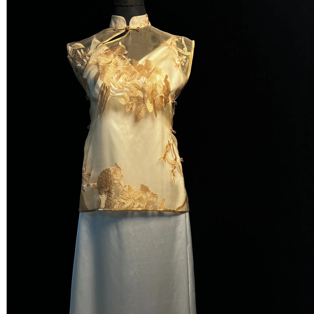 琥珀松林满分桑刺绣欧根纱满分桑蚕丝国风高端定制面料