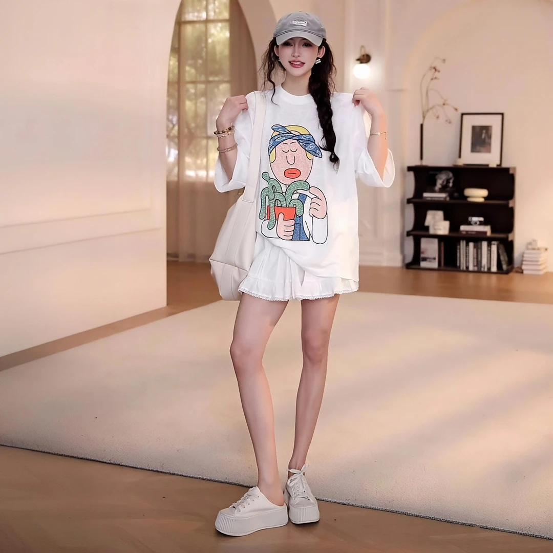 夏季仙人掌宽松短袖T恤上衣显瘦百搭半身裙裤休闲套装洋气衣服女