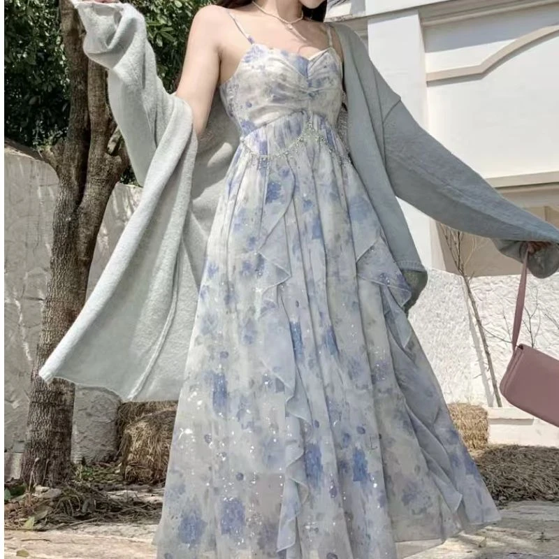 【老四推荐】大码在逃公主印花夏季纯欲荷叶边吊带裙两件套819