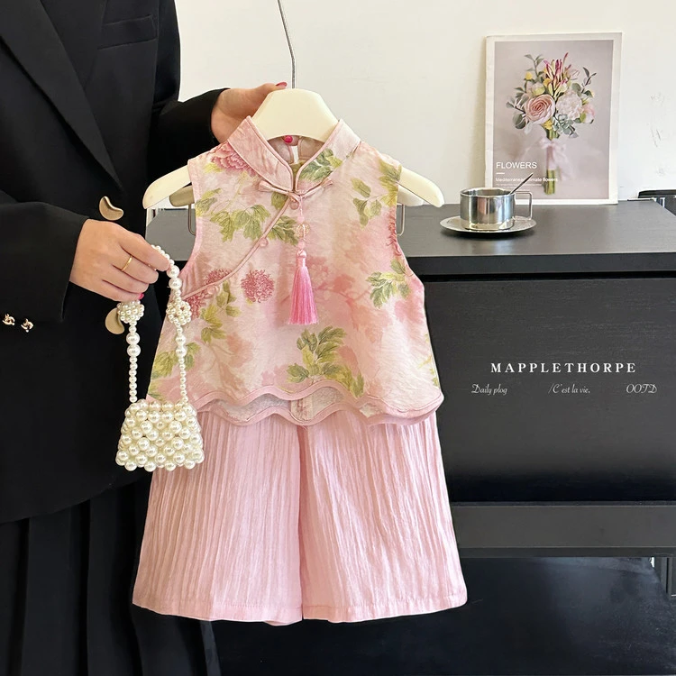 女童防蚊裤2025年女宝宝新中式套装时尚夏季中国风无袖套装