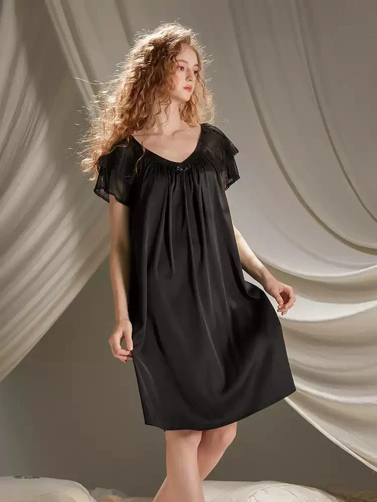 尘熙夏新款睡裙女短袖甜美蕾丝温柔睡衣宫廷风家居服可外穿30337