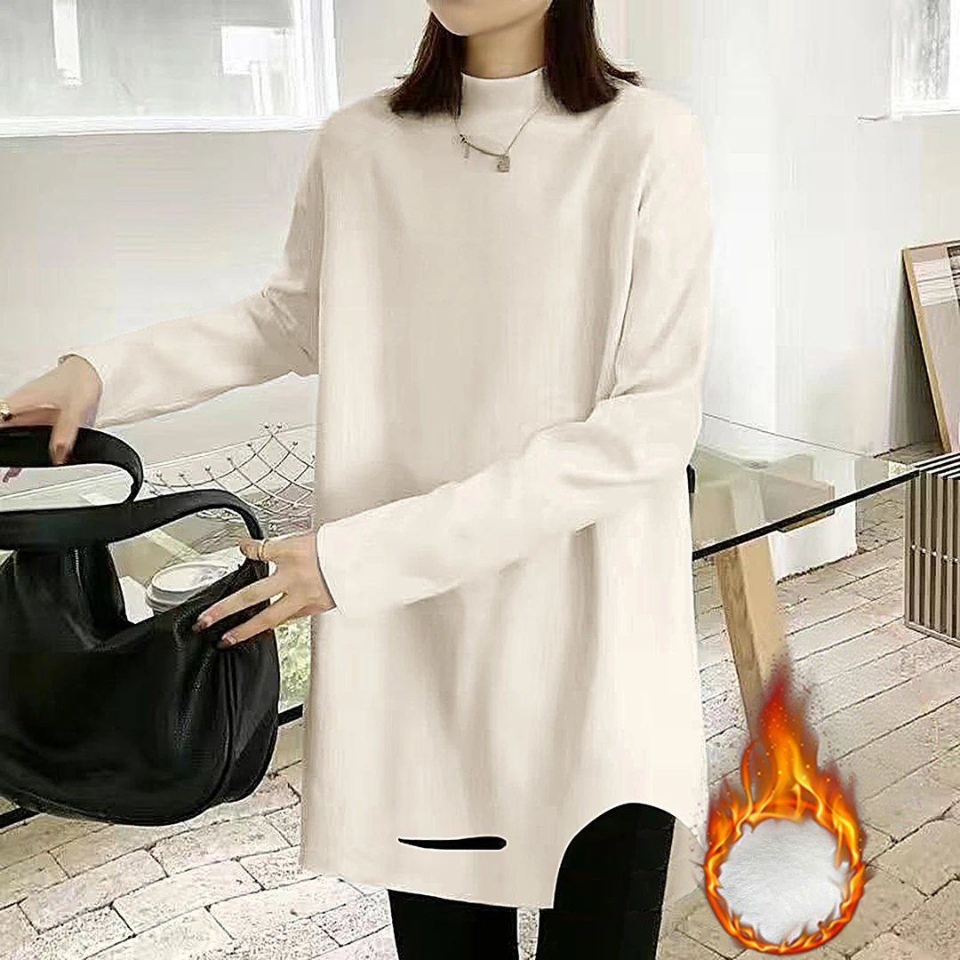 婳娇小众破洞中长款半高领打底衫女2025秋冬长袖白色德绒T恤上衣