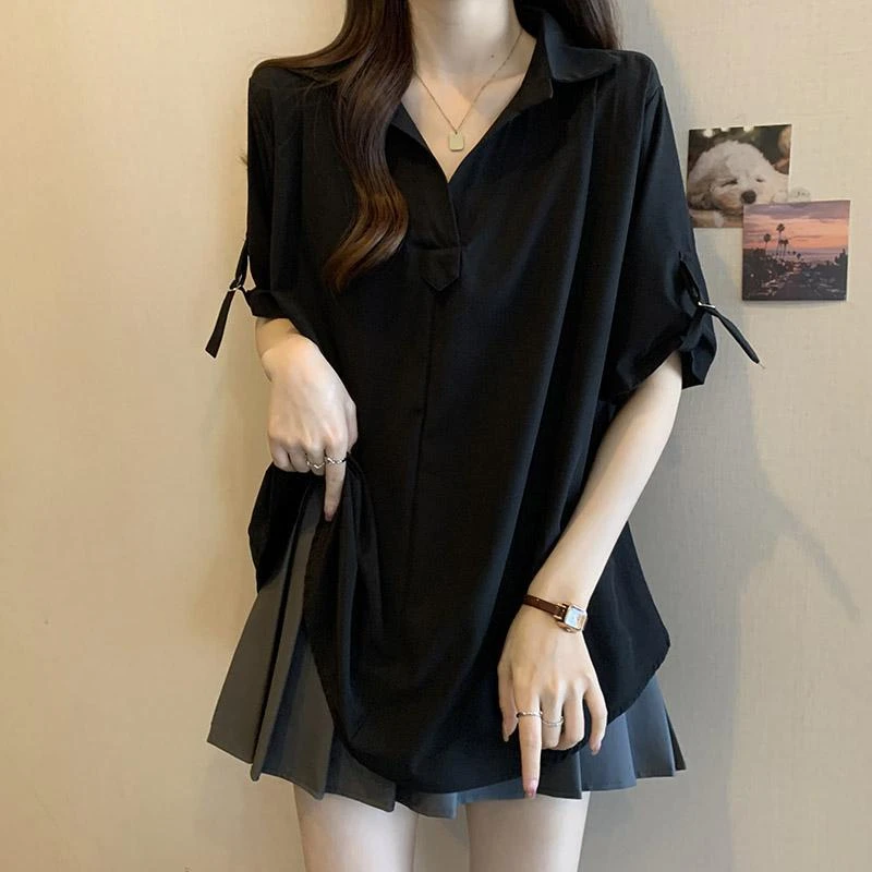 大码女装胖mm300斤雪纺V领衬衫女夏宽松显瘦遮肉简约衬衣气质上衣