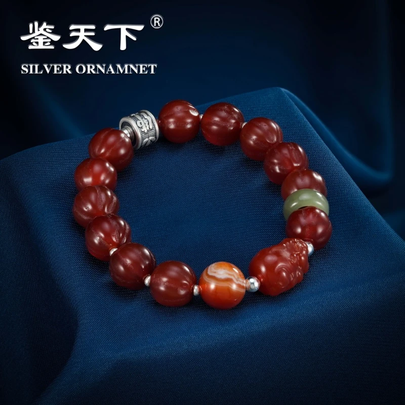 鉴天下复古莲花佛玛瑙和田玉银手链06200587