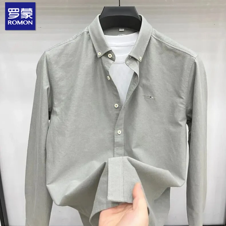 罗蒙商务纯色长袖衬衫春秋季新款时尚男士百搭休闲潮罗蒙男士衬衫