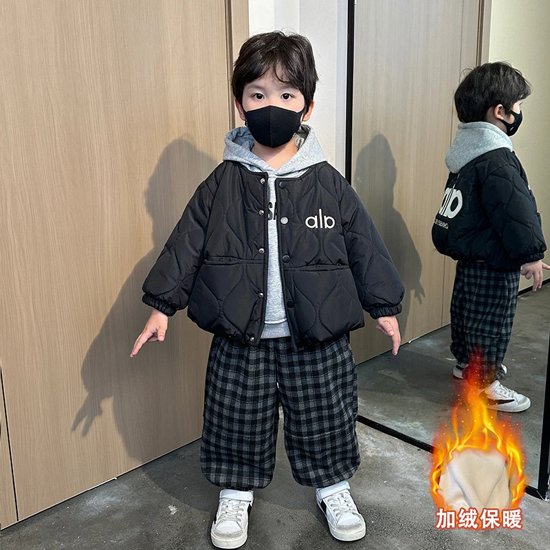 男童冬装加厚套装2025新款时髦儿童秋冬男孩加绒卫衣外套三件套潮