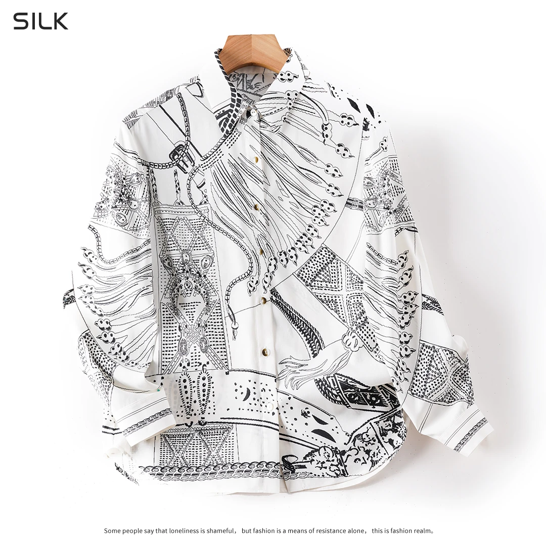 琸娅92%桑蚕丝建宏缎长袖女装通勤风时尚夏季印花条纹真丝衬衫