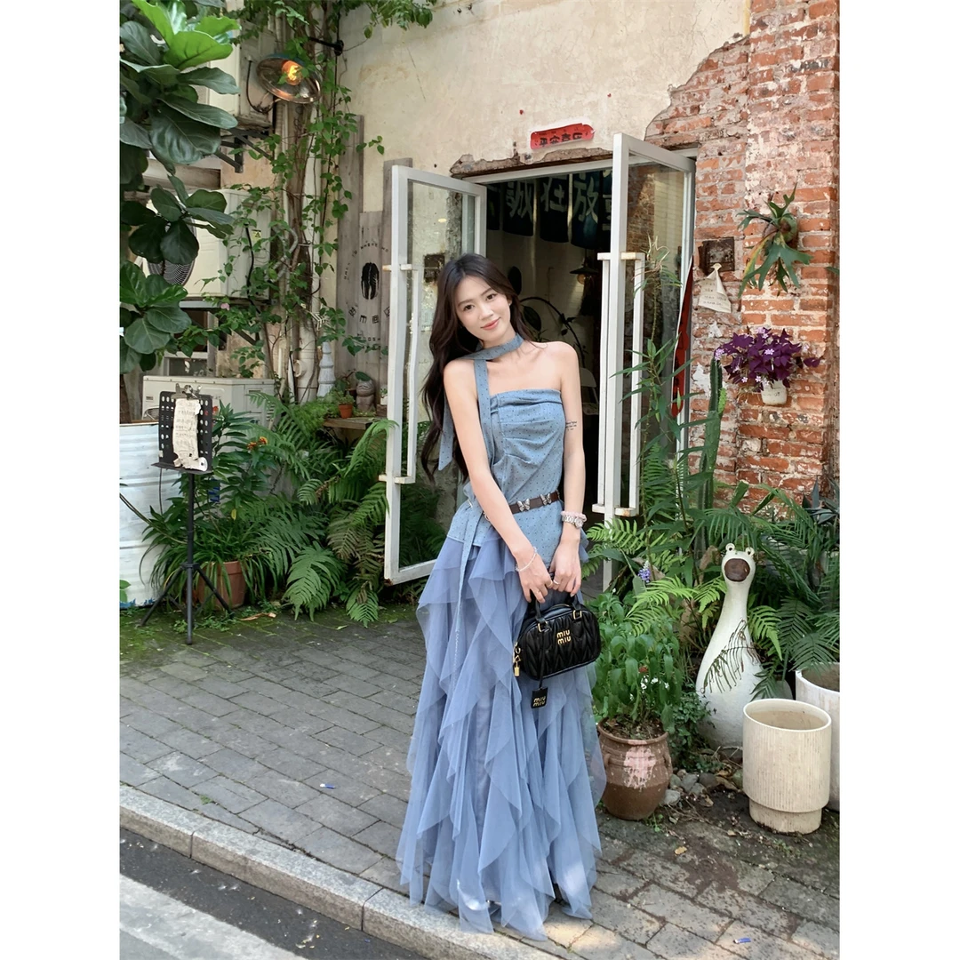 夏季薄款女套装拍照时尚套装韩版甜美波点抹胸上衣+半身裙