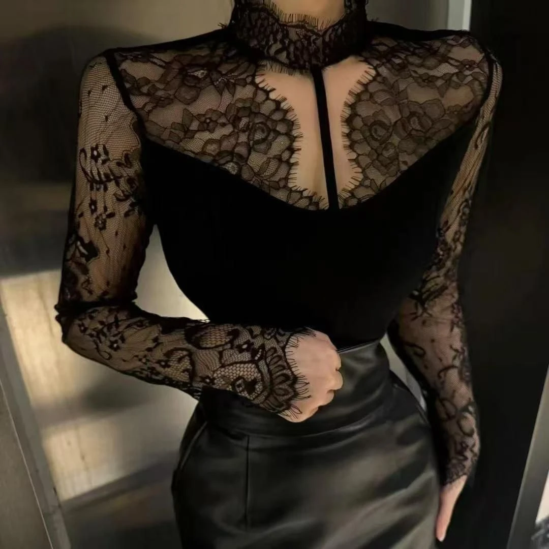 法式时尚性感镂空拼接蕾丝长袖t恤女2024新款修身洋气上衣ins