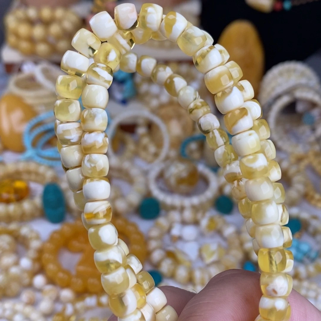 蜜蜡未镶嵌手链金瓷白溶洞妖花6.9mm长串