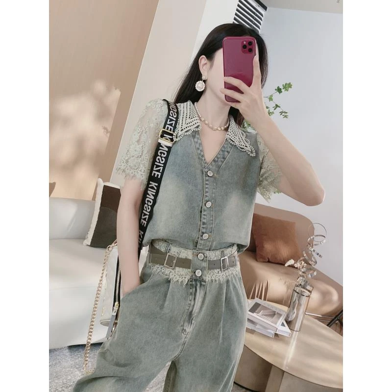 【长裤套装】拼接领蕾丝牛仔上衣+固定腰带阔腿裤两件套0816