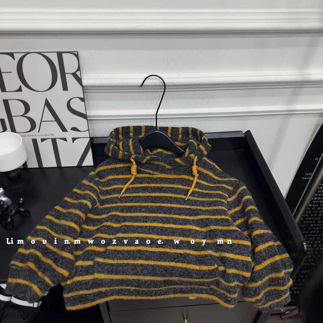儿童秋冬季新款韩版时尚条纹连帽宽松百搭男童织套头卫衣