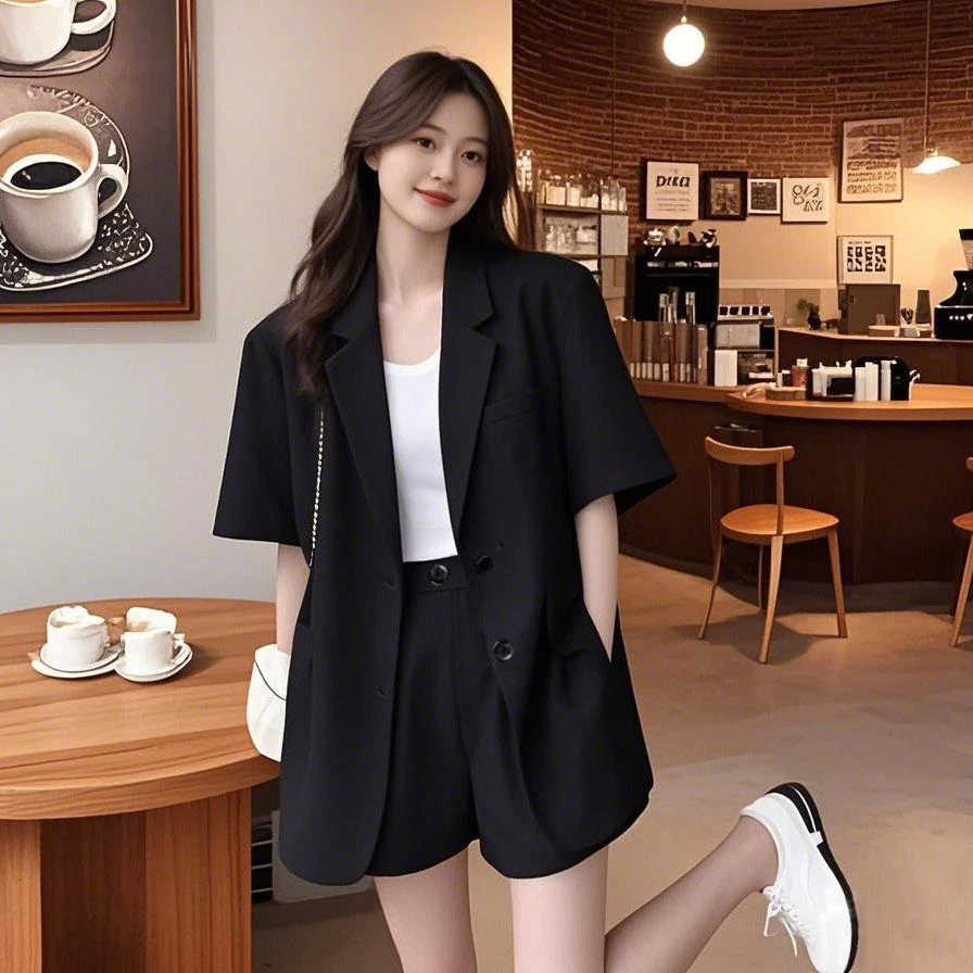 薄荷曼波短袖夏季西装新款套装小个子宽松韩版休闲薄款西服外套