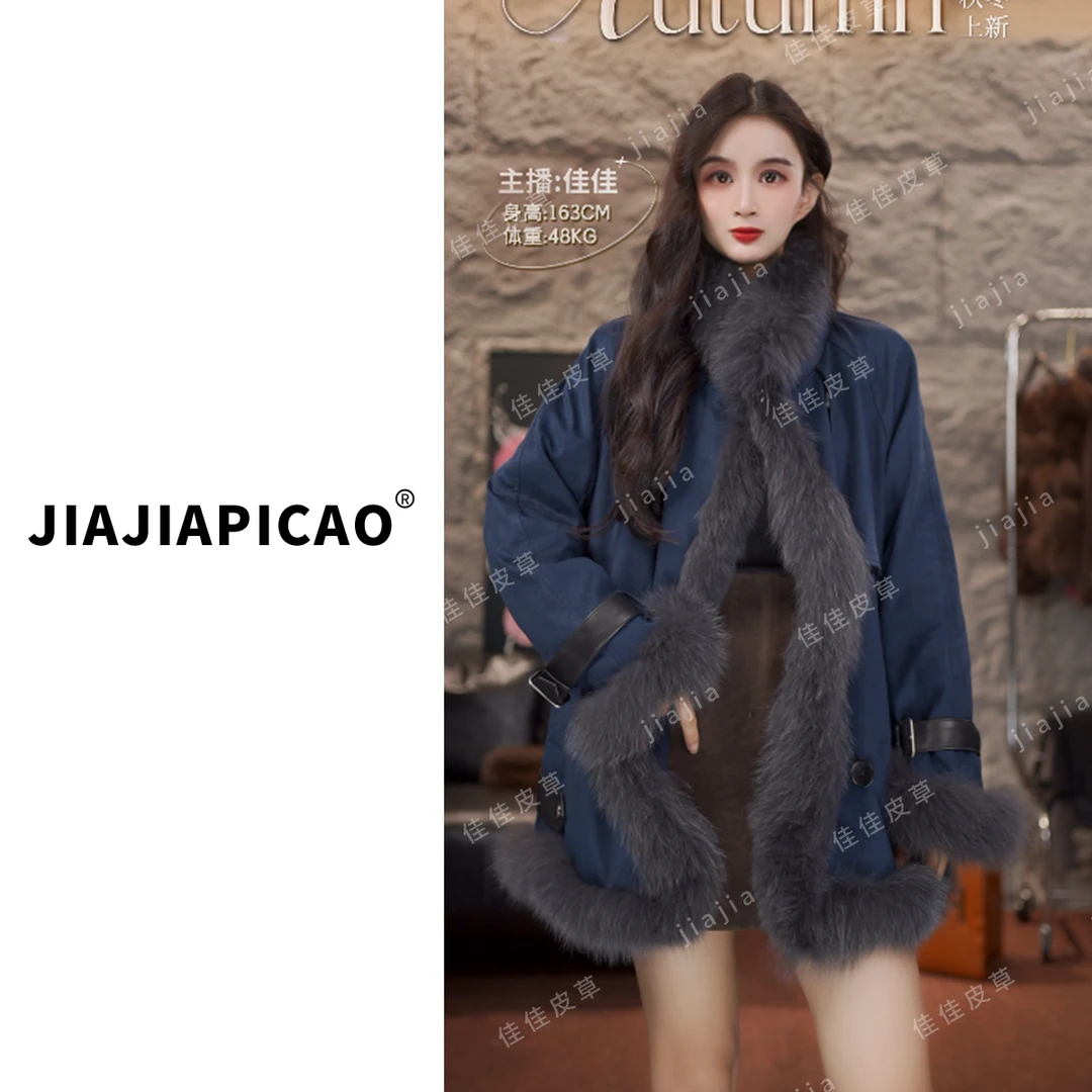 25761 新款设计师款轻奢狐狸毛鹅绒绵羊皮中长款皮草外套