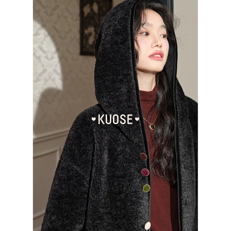阔色短款仿羊羔毛连帽毛毛外套女2024冬季新款夹棉穿搭KSS2412003