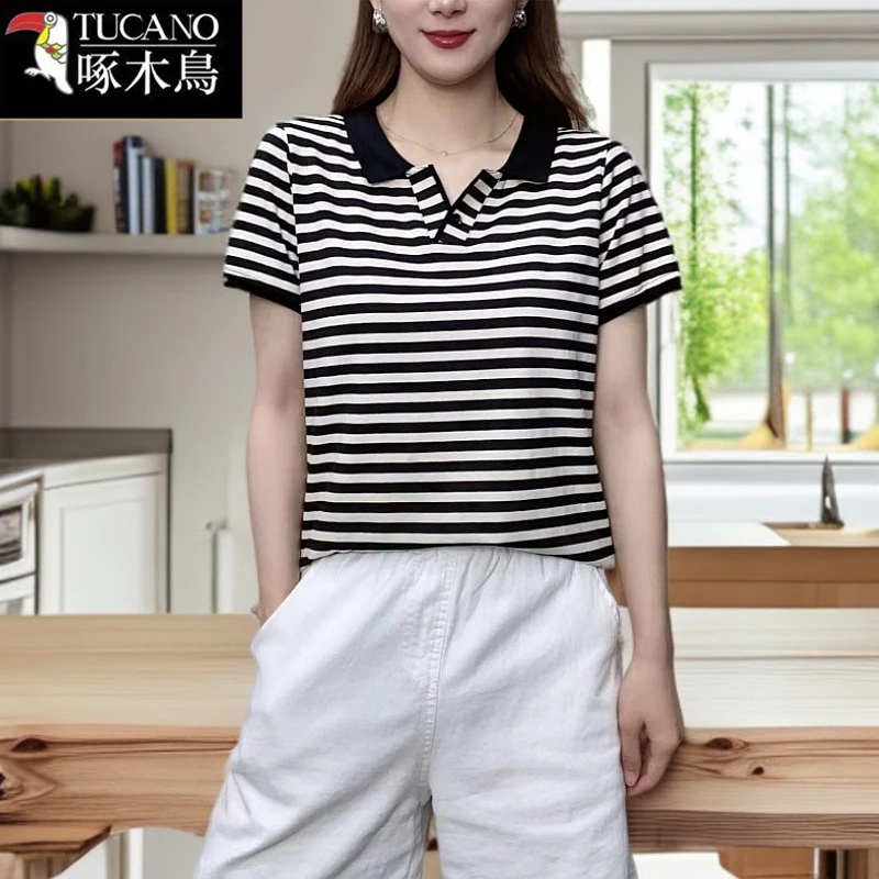 啄木鸟新款POLO领条纹短袖t恤夏季2025年爆款设计感女装小众上衣