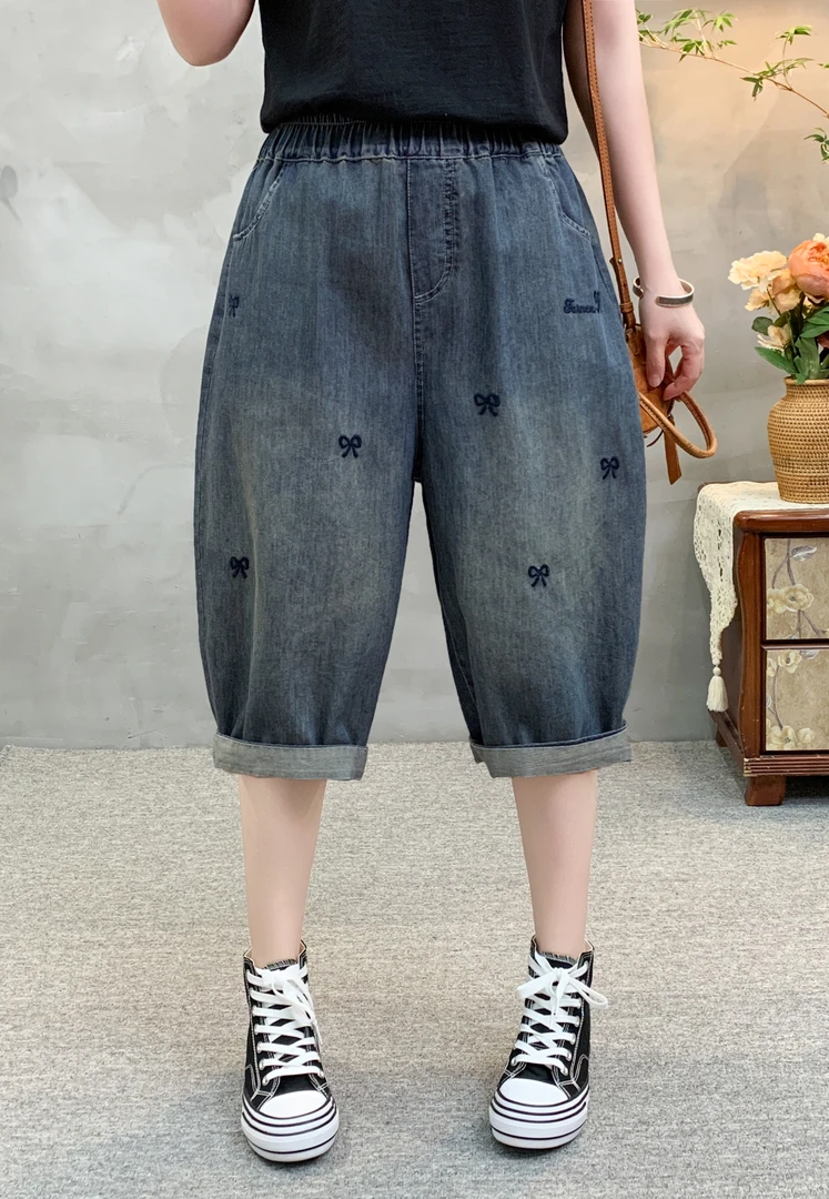 新款短裤刺绣水洗洋气翻边夏季宽松高腰薄款六分牛仔裤女休闲