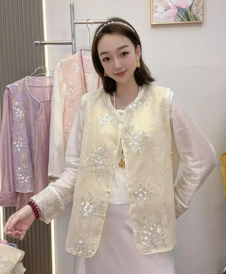 【繁星】春夏新款亮片刺绣新中式马甲女时尚显瘦薄款圆领夏季百搭